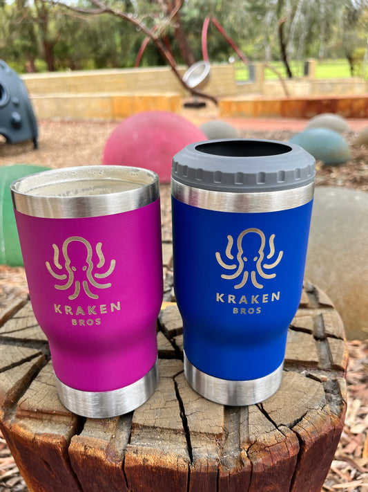 Kraken Bros 14oz Beverage Cooler & Coffee Cup: Hot, Cold, & Cracking Open Fun with Built-In Bottle Opener!